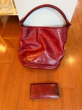 Frye Red Leather Shoulder Hobo with Matching Wallet